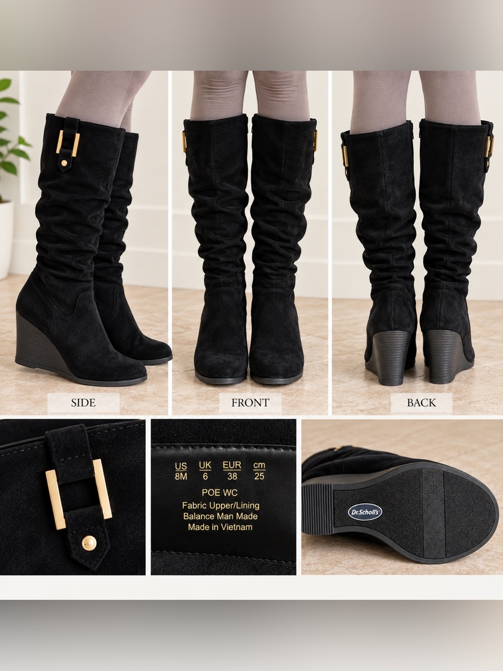 Dr. Scholl's Black Suede-Look Slouch Knee Boot with Gold Buckle